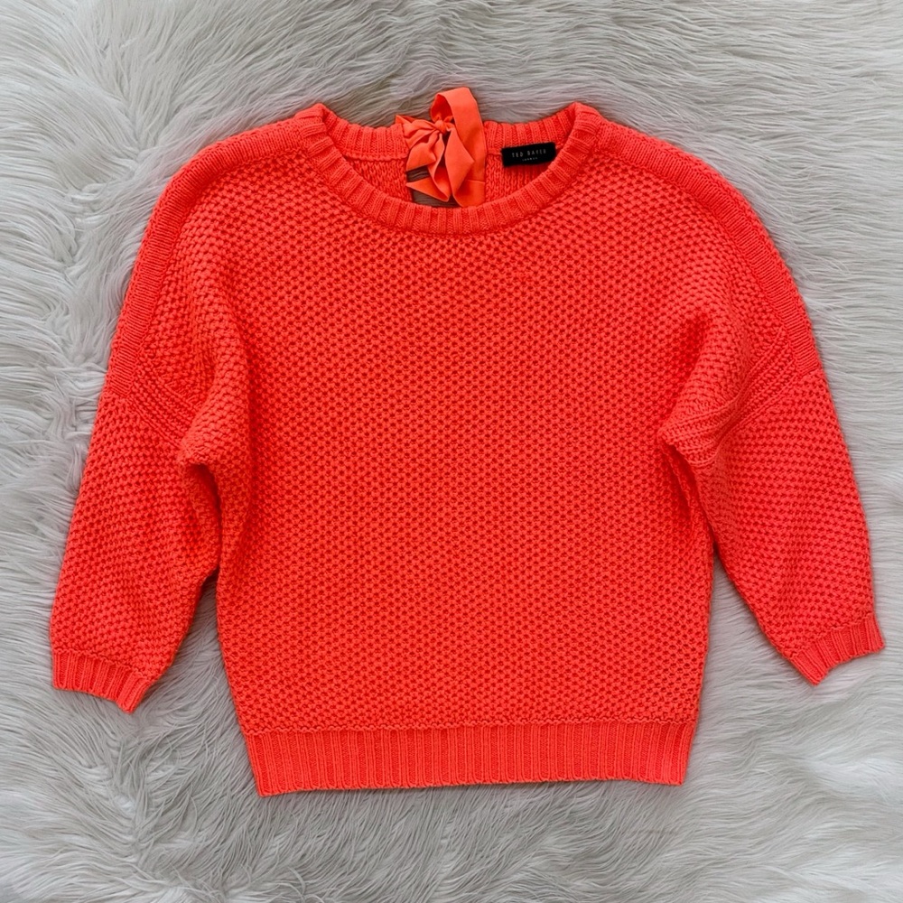 Ted Baker Neon Orange Chunky Knit Bow Tie Back Oversized Slouchy Avaleen Sweater